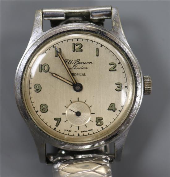 A JW Benson stainless steel Tropical manual wind wrist watch.